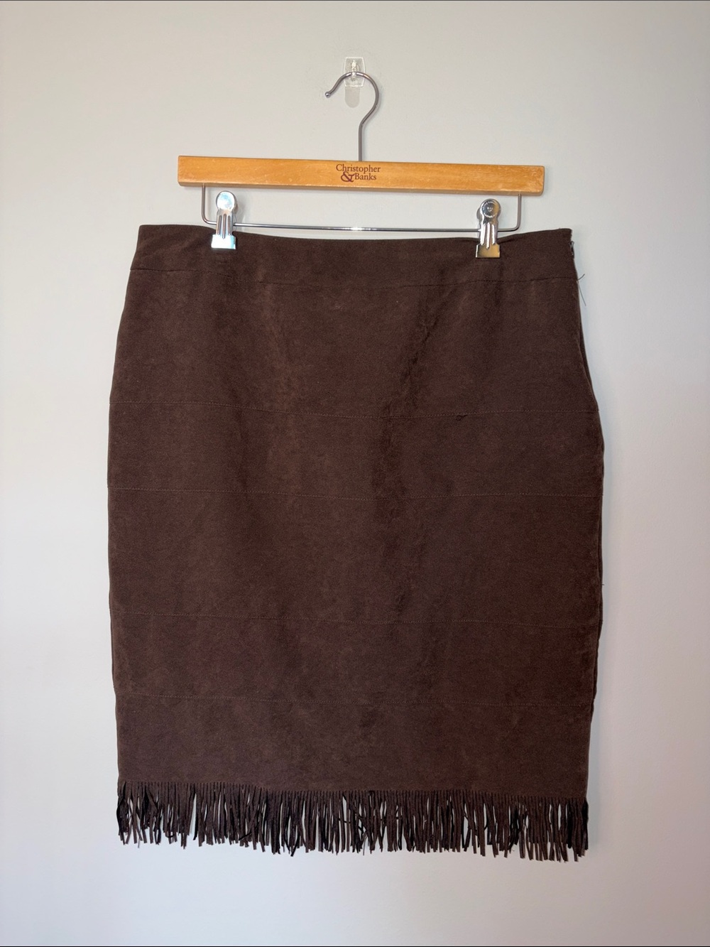 Joe B Brown Suede Pencil Skirt with Fringe Hem Size 11